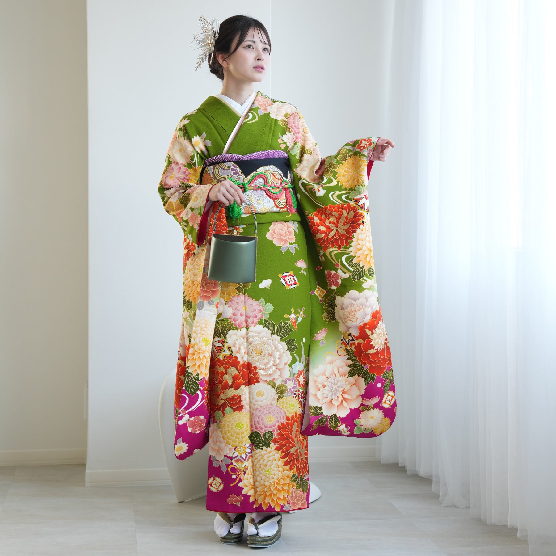 Roi様リクエスト 美グラデーションシルエット 訪問着 正絹着物 帯セット レンタル】振袖 着物セット 正絹着物+正絹袋帯 成人式 晴れ着