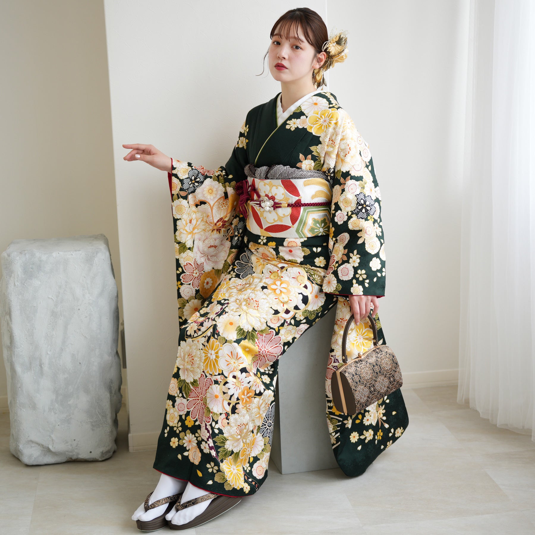 美品【正絹7歳用】振袖、袋帯他フルセット レンタル】振袖 正絹着物+袋帯 21点セット 絵羽 深緑に古典花霞