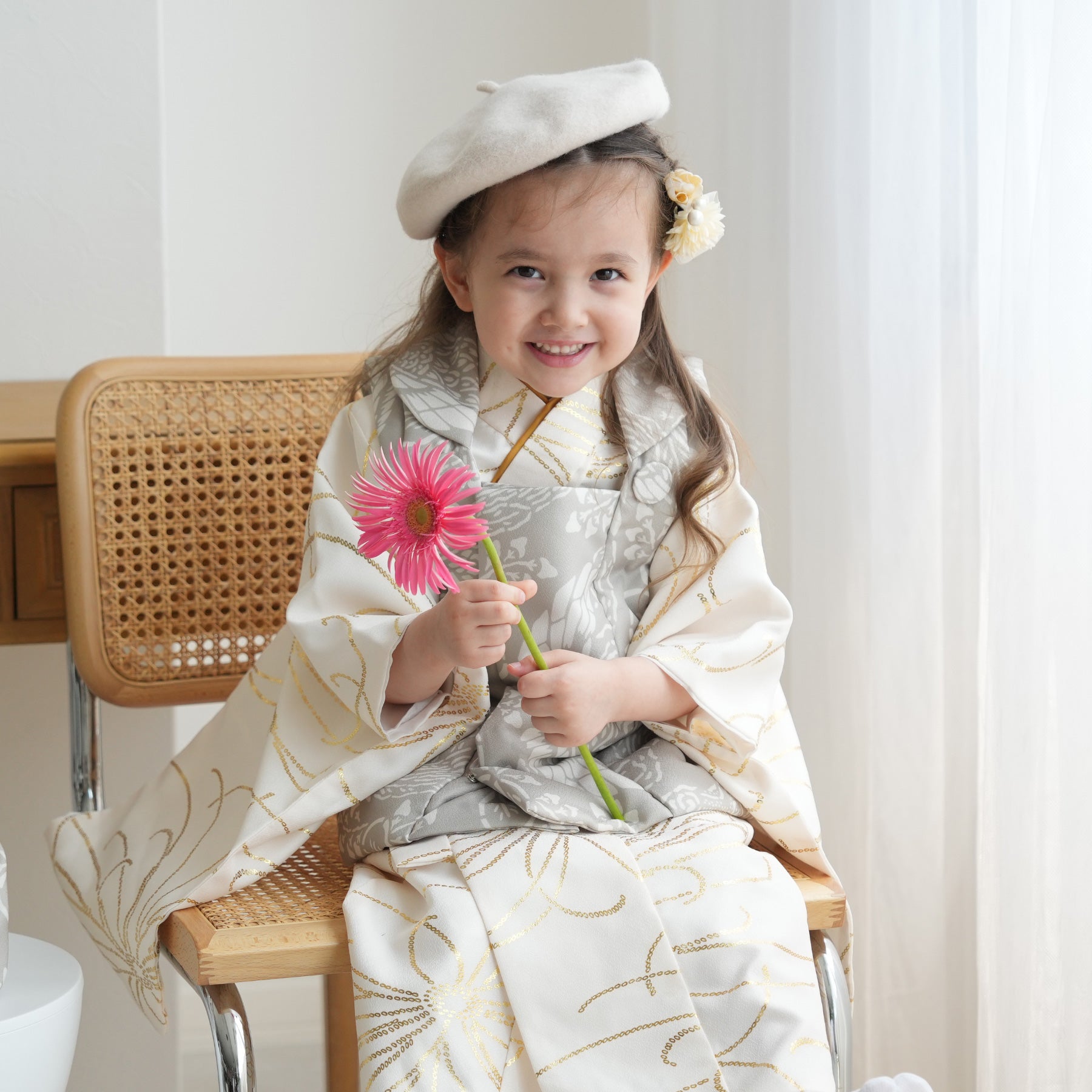 レンタル】七五三着物 3歳女の子 被布セット 灰緑鳳凰×クリーム