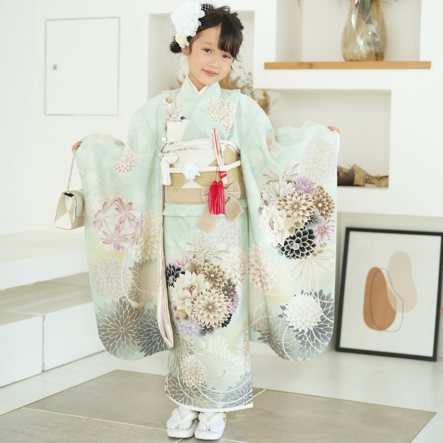 3歳　レトロ正絹朱刺繍亀甲菊　七五三　お着物フルセット　アンティークキッズ服女の子用(90cm~)