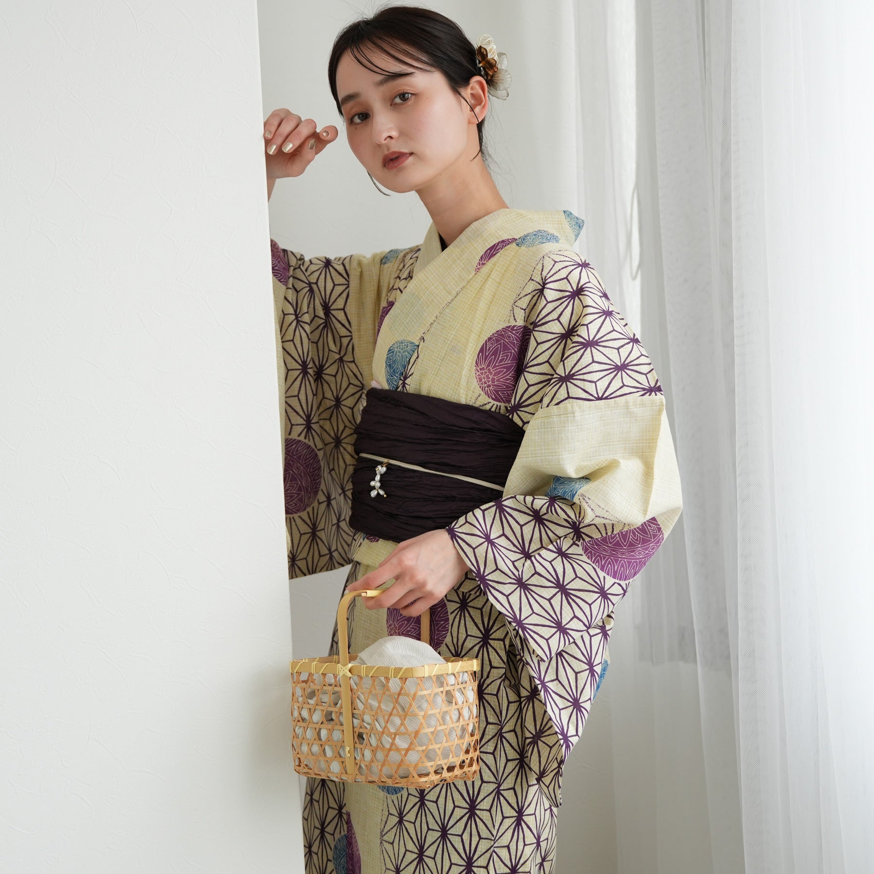 浴衣3点セット（浴衣/帯/下駄） 綿麻 ゆかた フリーサイズ（身長