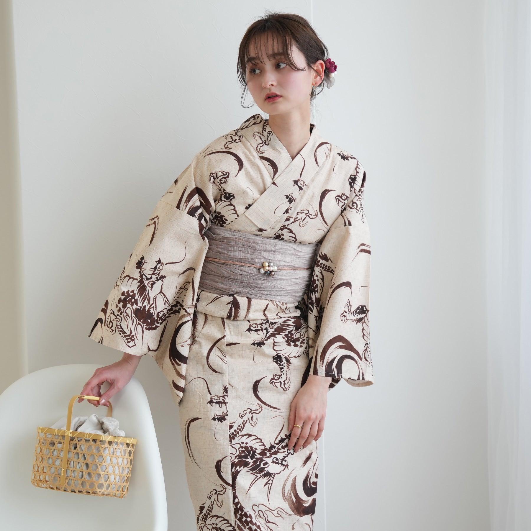 レディース 浴衣 単品 綿麻【30】麻混 高級 ゆかた 白系 オフ
