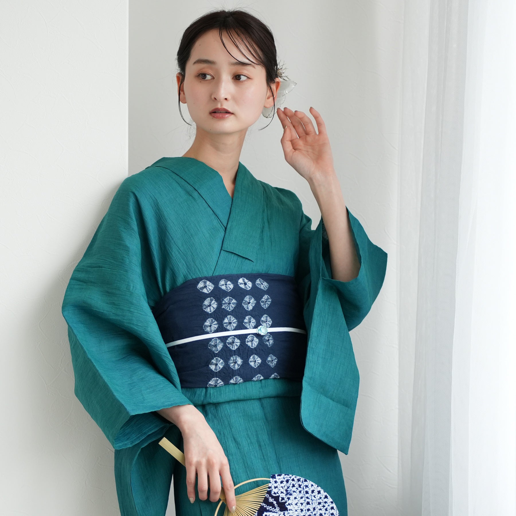 utatane 本麻 浴衣3点セット ( ゆかた・帯・下駄 ) 緑玉虫】近江
