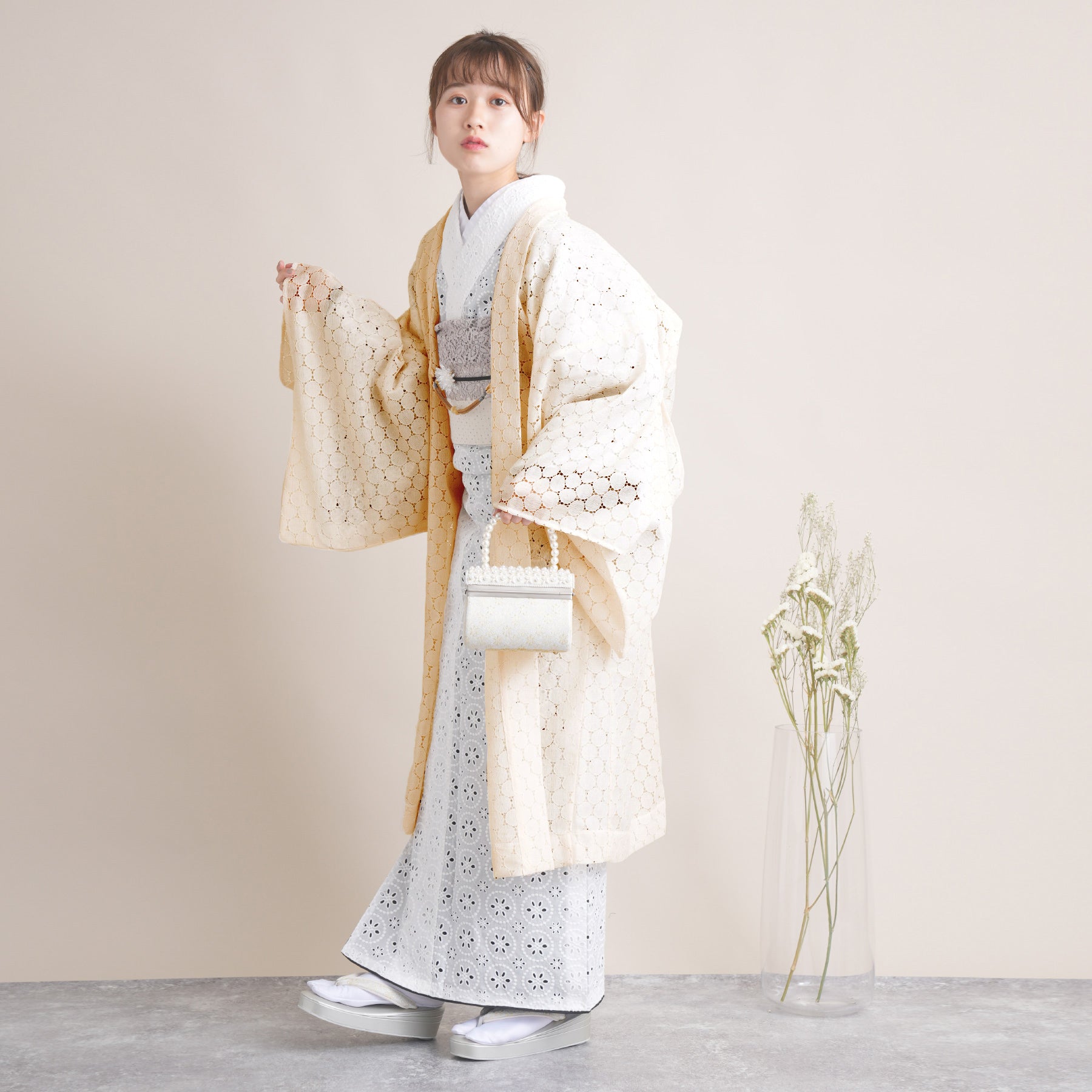 アンティーク インディゴ西洋花更紗アップリケ＆レース装飾付 ブルー