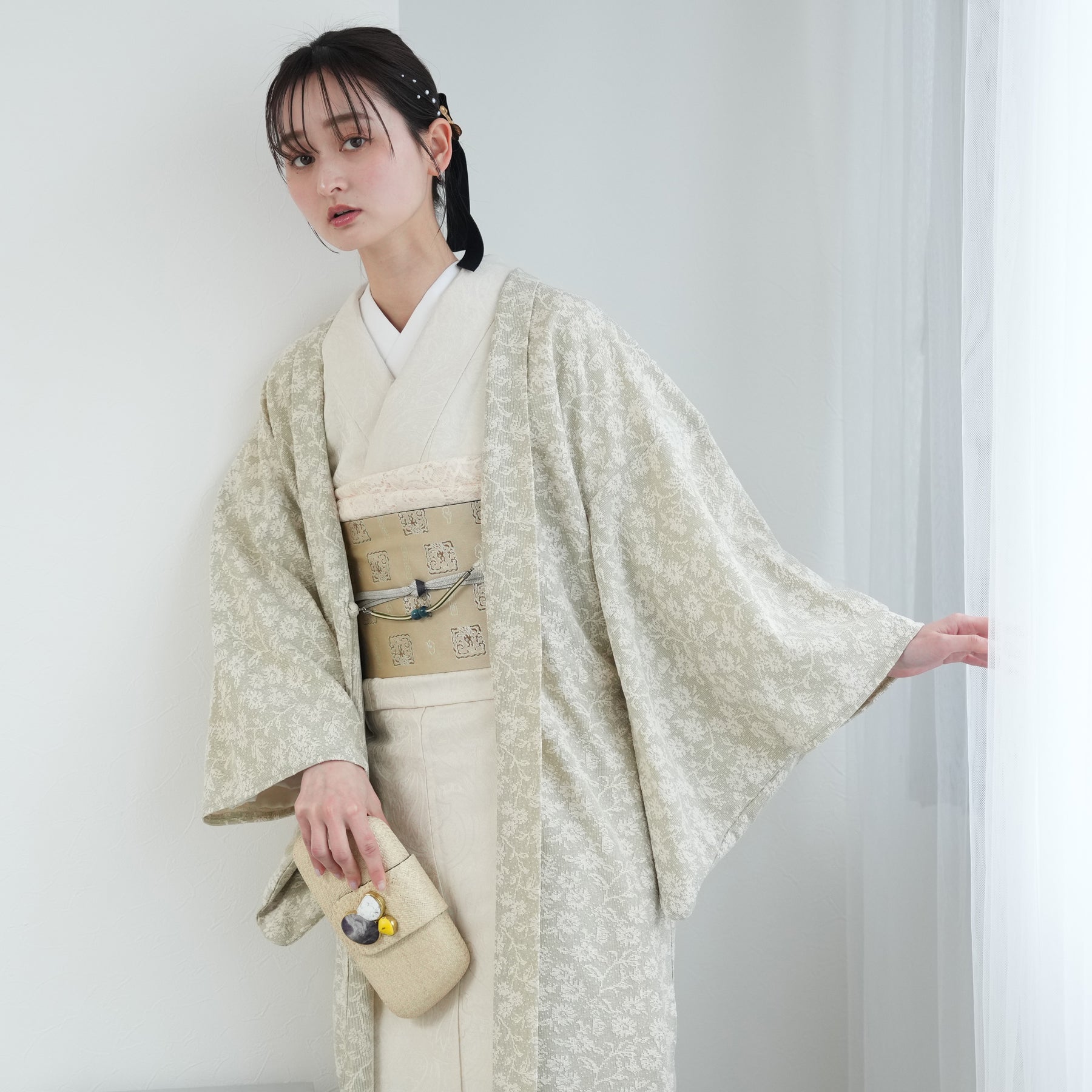 薄羽織 モザイクフラワー ピスタチオ】長羽織 国産生地