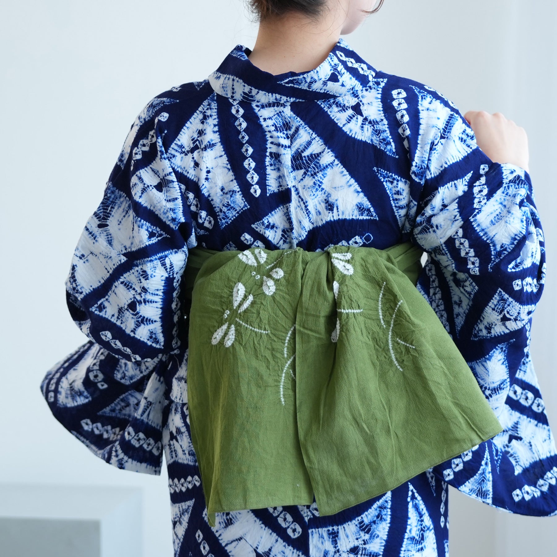 兵児帯 清江絞り 有松染め トンボ・菱・トンボ 抹茶】綿麻 帯単品 日本