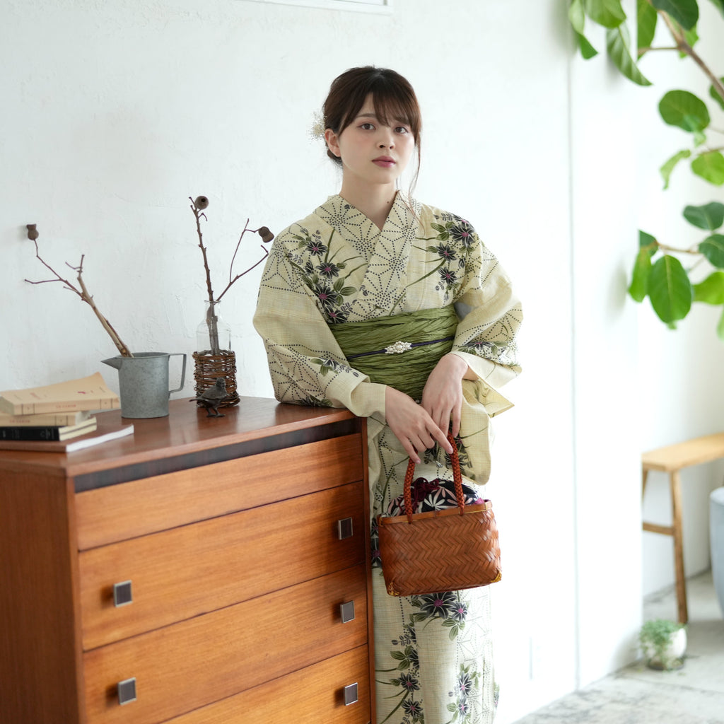 浴衣☆綿麻☆新品☆単衣☆プレタ☆夏着物☆レディース☆フリーサイズ☆夏祭り花火大会 浴衣3点セット（浴衣/帯/下駄） 綿麻 ゆかた フリーサイズ（身長