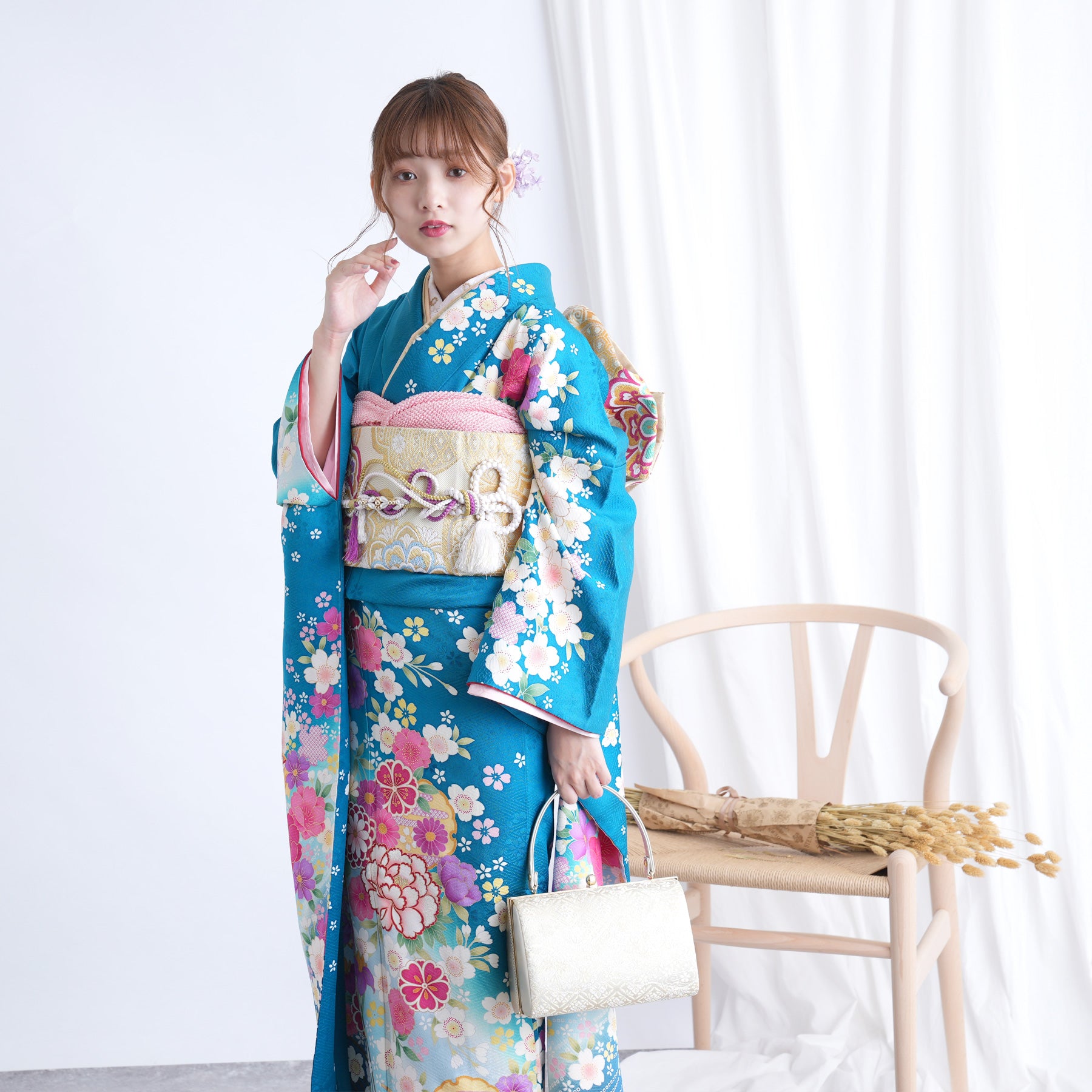 大振袖&長襦袢セット 正絹 金彩 花車 成人式 着物 kimono A-1131-