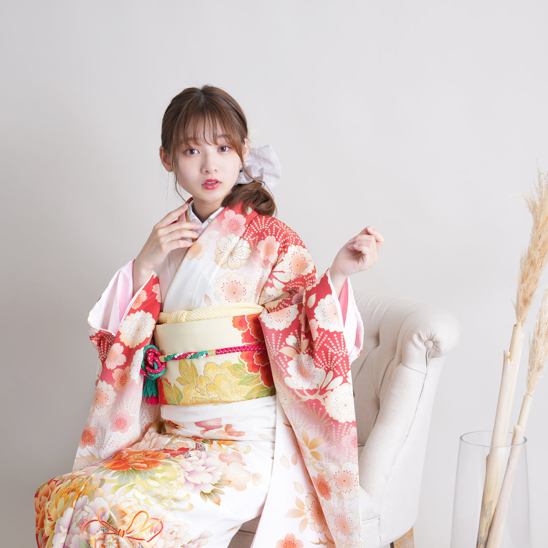 N-855◇美品 正絹 着物 推し色 無地 振袖 レンタル】振袖 着物セット 正絹着物+正絹袋帯 成人式 晴れ着