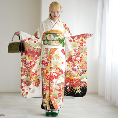 【レンタル】振袖 着物セット 正絹着物+正絹袋帯 成人式  晴れ着 記念撮影 往復送料無料 絵羽 白黒オレンジの牡丹松（1000602300）