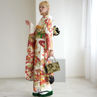 【レンタル】振袖 着物セット 正絹着物+正絹袋帯 成人式  晴れ着 記念撮影 往復送料無料 絵羽 白黒オレンジの牡丹松（1000602300）