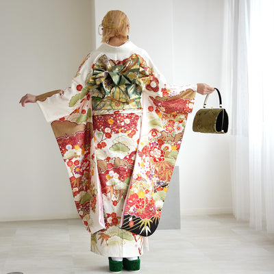 【レンタル】振袖 着物セット 正絹着物+正絹袋帯 成人式  晴れ着 記念撮影 往復送料無料 絵羽 白黒オレンジの牡丹松（1000602300）