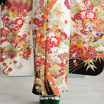 【レンタル】振袖 着物セット 正絹着物+正絹袋帯 成人式  晴れ着 記念撮影 往復送料無料 絵羽 白黒オレンジの牡丹松（1000602300）
