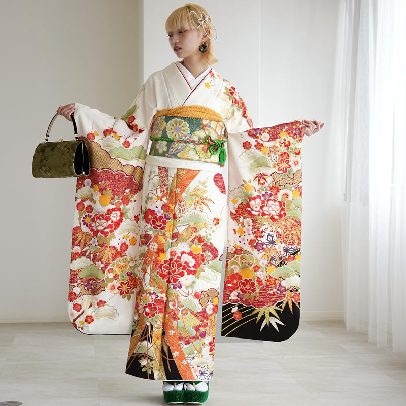 【レンタル】振袖 着物セット 正絹着物+正絹袋帯 成人式  晴れ着 記念撮影 往復送料無料 絵羽 白黒オレンジの牡丹松（1000602300）