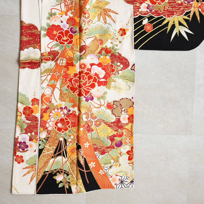 【レンタル】振袖 着物セット 正絹着物+正絹袋帯 成人式  晴れ着 記念撮影 往復送料無料 絵羽 白黒オレンジの牡丹松（1000602300）