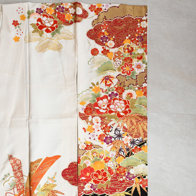 【レンタル】振袖 着物セット 正絹着物+正絹袋帯 成人式  晴れ着 記念撮影 往復送料無料 絵羽 白黒オレンジの牡丹松（1000602300）