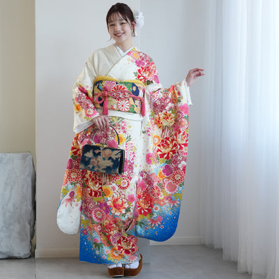 【レンタル】振袖 着物セット 正絹着物+正絹袋帯 成人式  晴れ着 記念撮影 往復送料無料 絵羽 白とターコイズにしだれ花（1000602800）