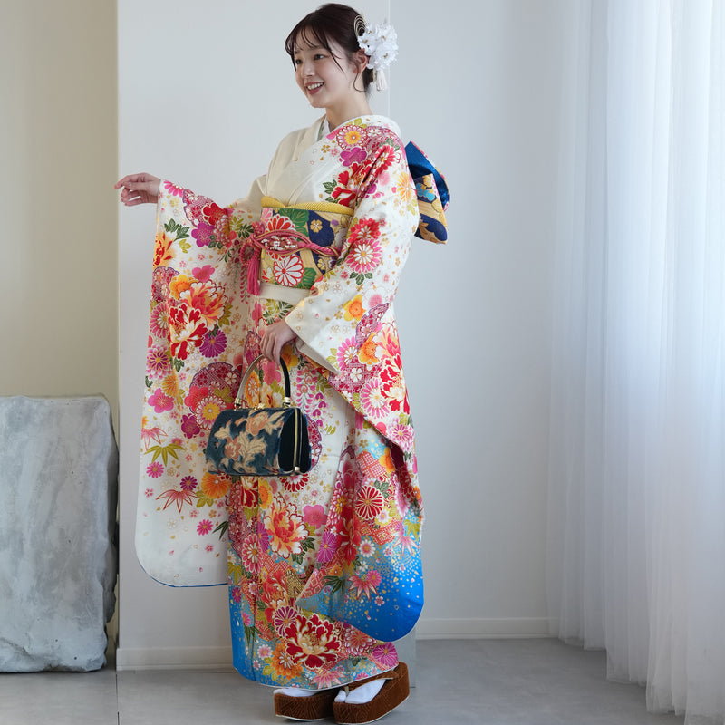 【レンタル】振袖 着物セット 正絹着物+正絹袋帯 成人式  晴れ着 記念撮影 往復送料無料 絵羽 白とターコイズにしだれ花（1000602800）