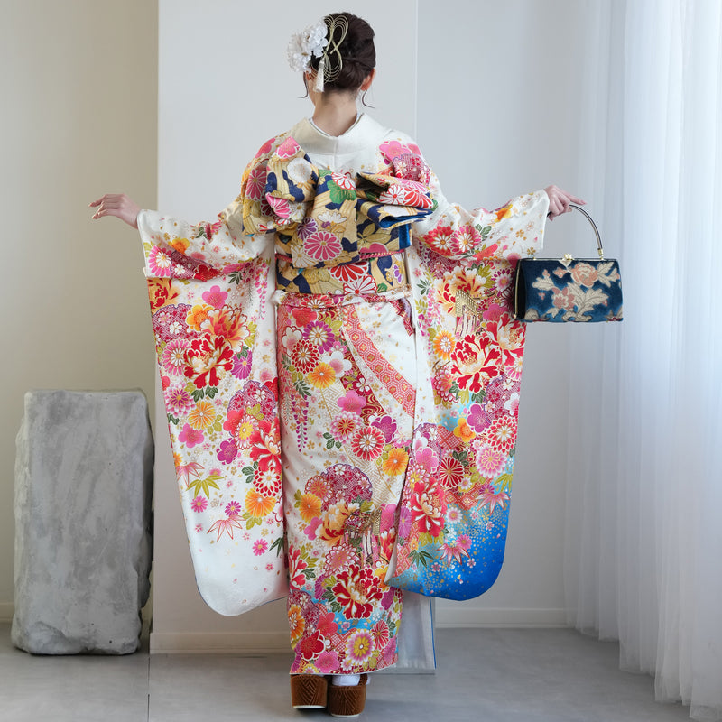 【レンタル】振袖 着物セット 正絹着物+正絹袋帯 成人式  晴れ着 記念撮影 往復送料無料 絵羽 白とターコイズにしだれ花（1000602800）