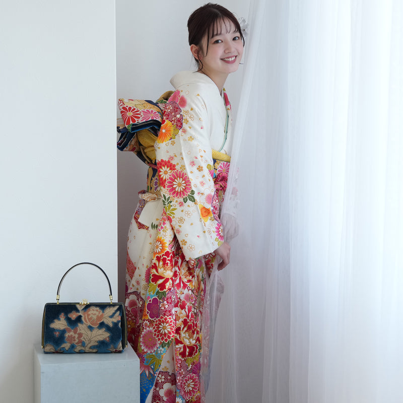 【レンタル】振袖 着物セット 正絹着物+正絹袋帯 成人式  晴れ着 記念撮影 往復送料無料 絵羽 白とターコイズにしだれ花（1000602800）