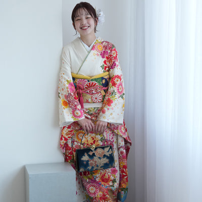 【レンタル】振袖 着物セット 正絹着物+正絹袋帯 成人式  晴れ着 記念撮影 往復送料無料 絵羽 白とターコイズにしだれ花（1000602800）