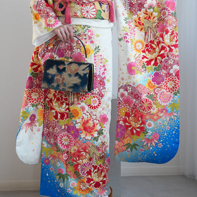 【レンタル】振袖 着物セット 正絹着物+正絹袋帯 成人式  晴れ着 記念撮影 往復送料無料 絵羽 白とターコイズにしだれ花（1000602800）