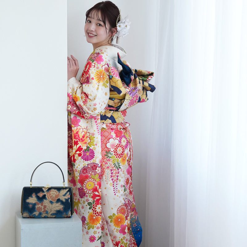 【レンタル】振袖 着物セット 正絹着物+正絹袋帯 成人式  晴れ着 記念撮影 往復送料無料 絵羽 白とターコイズにしだれ花（1000602800）