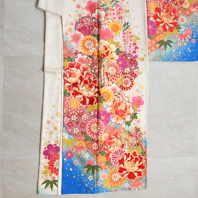 【レンタル】振袖 着物セット 正絹着物+正絹袋帯 成人式  晴れ着 記念撮影 往復送料無料 絵羽 白とターコイズにしだれ花（1000602800）