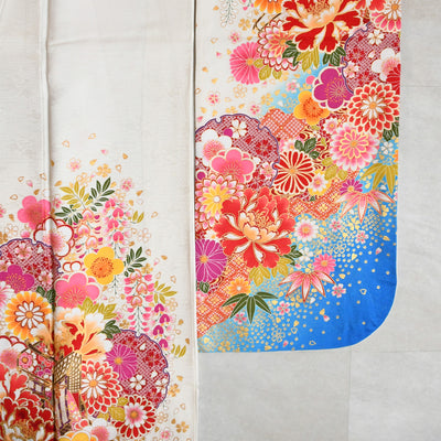 【レンタル】振袖 着物セット 正絹着物+正絹袋帯 成人式  晴れ着 記念撮影 往復送料無料 絵羽 白とターコイズにしだれ花（1000602800）