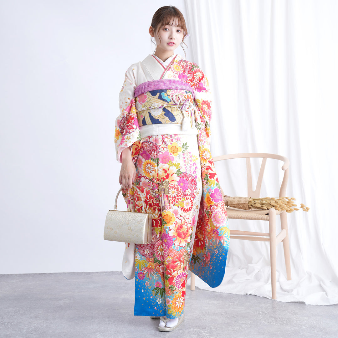 美品　新品　正絹振袖　袋帯　セット レンタル】振袖 着物セット 正絹着物+袋帯 成人式 晴れ着 往復