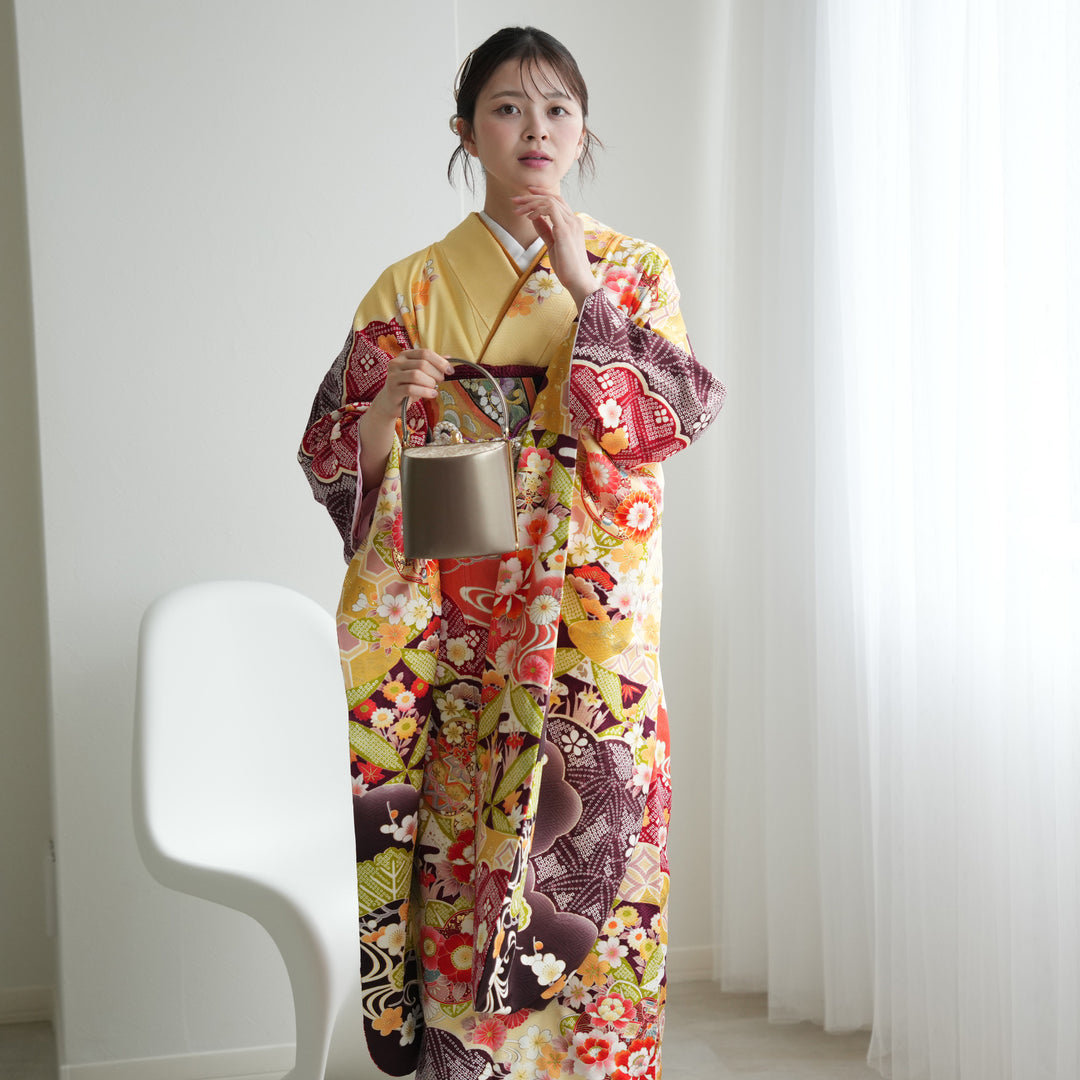 レンタル】振袖 着物セット 正絹着物+正絹袋帯 成人式 晴れ着 記念撮影