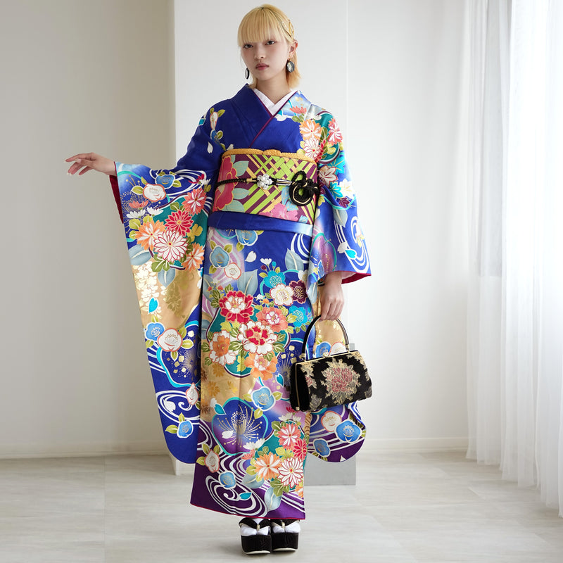 【レンタル】振袖 着物セット 正絹着物+正絹袋帯 成人式  晴れ着 記念撮影 往復送料無料 絵羽 鮮やかブルーに梅流水（1000603500）