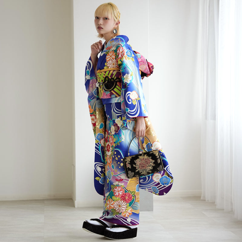 【レンタル】振袖 着物セット 正絹着物+正絹袋帯 成人式  晴れ着 記念撮影 往復送料無料 絵羽 鮮やかブルーに梅流水（1000603500）