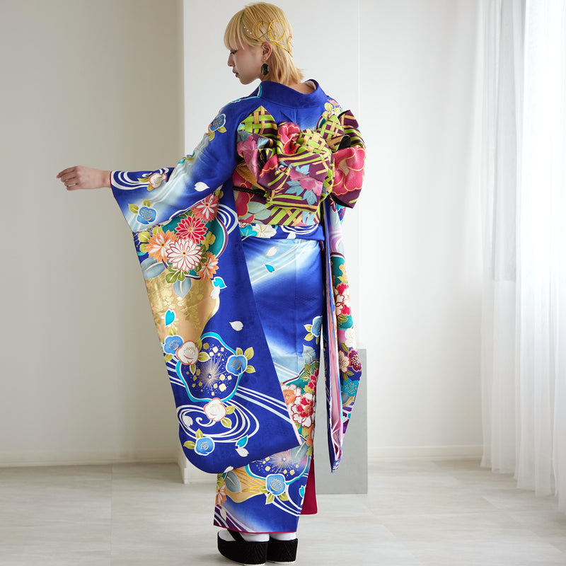 【レンタル】振袖 着物セット 正絹着物+正絹袋帯 成人式  晴れ着 記念撮影 往復送料無料 絵羽 鮮やかブルーに梅流水（1000603500）