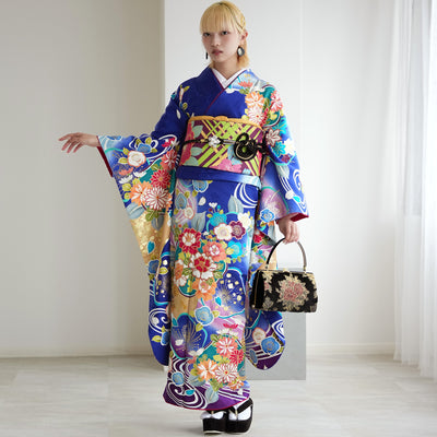 【レンタル】振袖 着物セット 正絹着物+正絹袋帯 成人式  晴れ着 記念撮影 往復送料無料 絵羽 鮮やかブルーに梅流水（1000603500）