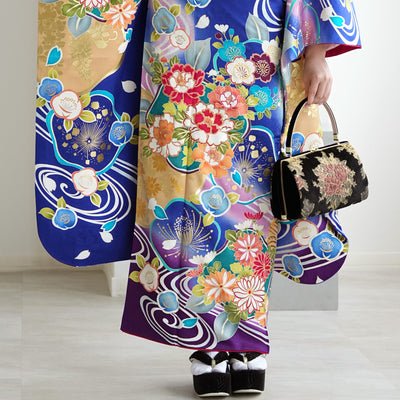 【レンタル】振袖 着物セット 正絹着物+正絹袋帯 成人式  晴れ着 記念撮影 往復送料無料 絵羽 鮮やかブルーに梅流水（1000603500）