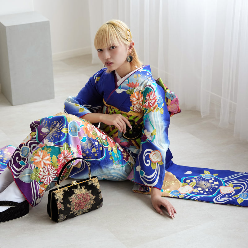 【レンタル】振袖 着物セット 正絹着物+正絹袋帯 成人式  晴れ着 記念撮影 往復送料無料 絵羽 鮮やかブルーに梅流水（1000603500）