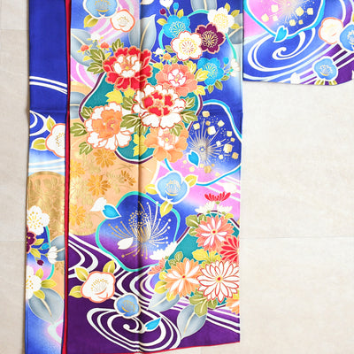 【レンタル】振袖 着物セット 正絹着物+正絹袋帯 成人式  晴れ着 記念撮影 往復送料無料 絵羽 鮮やかブルーに梅流水（1000603500）