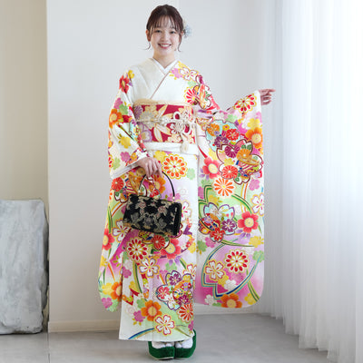 【レンタル】振袖 着物セット 正絹着物+正絹袋帯 成人式  晴れ着 記念撮影 往復送料無料 絵羽 ぼかしピンクの桜（1000603600）