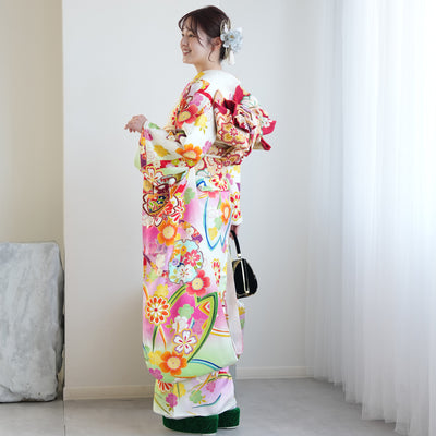 【レンタル】振袖 着物セット 正絹着物+正絹袋帯 成人式  晴れ着 記念撮影 往復送料無料 絵羽 ぼかしピンクの桜（1000603600）