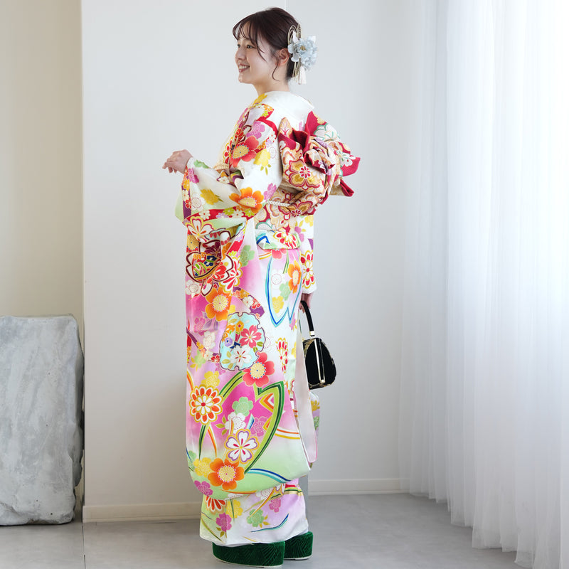 【レンタル】振袖 着物セット 正絹着物+正絹袋帯 成人式  晴れ着 記念撮影 往復送料無料 絵羽 ぼかしピンクの桜（1000603600）