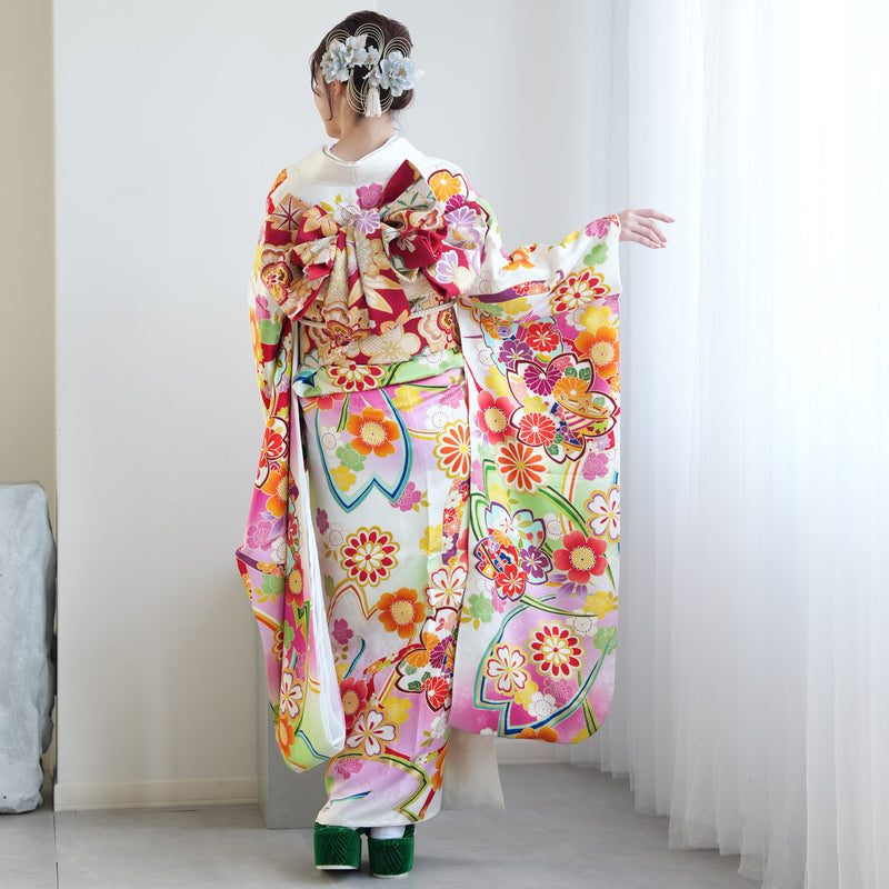 【レンタル】振袖 着物セット 正絹着物+正絹袋帯 成人式  晴れ着 記念撮影 往復送料無料 絵羽 ぼかしピンクの桜（1000603600）