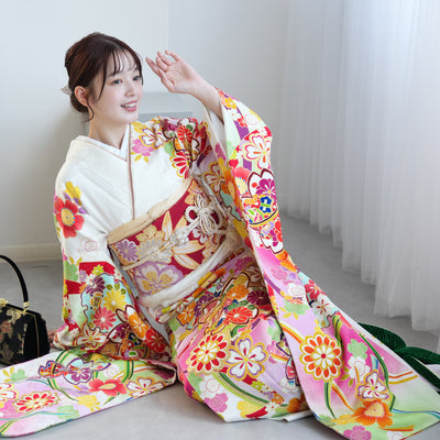 【レンタル】振袖 着物セット 正絹着物+正絹袋帯 成人式  晴れ着 記念撮影 往復送料無料 絵羽 ぼかしピンクの桜（1000603600）