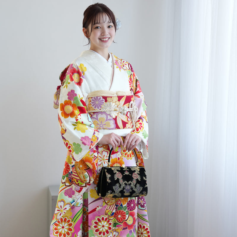 【レンタル】振袖 着物セット 正絹着物+正絹袋帯 成人式  晴れ着 記念撮影 往復送料無料 絵羽 ぼかしピンクの桜（1000603600）