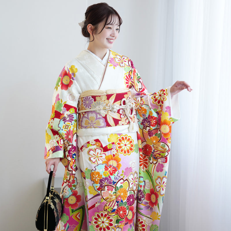 【レンタル】振袖 着物セット 正絹着物+正絹袋帯 成人式  晴れ着 記念撮影 往復送料無料 絵羽 ぼかしピンクの桜（1000603600）