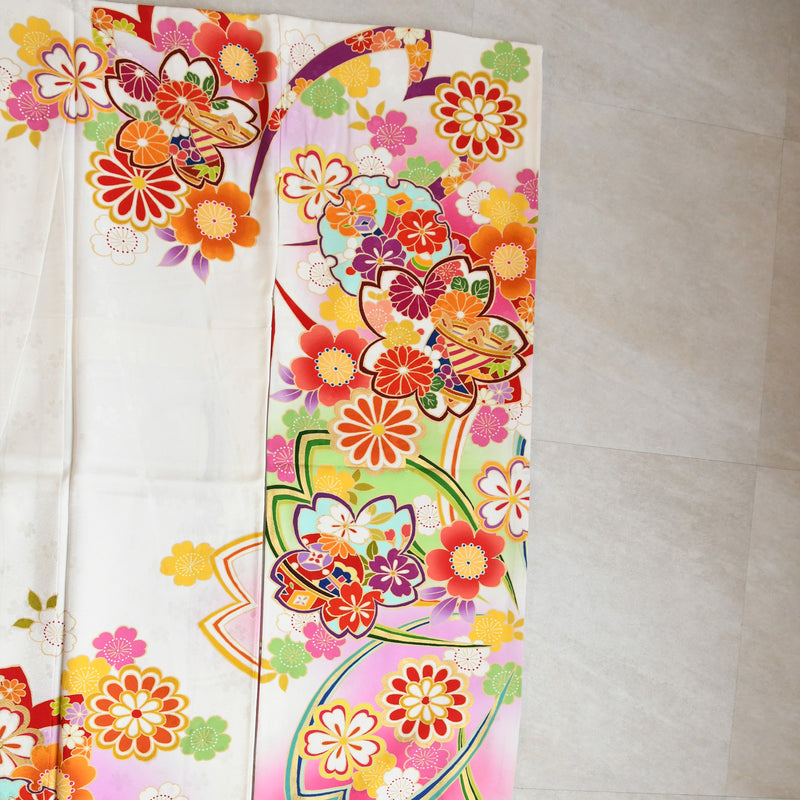 【レンタル】振袖 着物セット 正絹着物+正絹袋帯 成人式  晴れ着 記念撮影 往復送料無料 絵羽 ぼかしピンクの桜（1000603600）