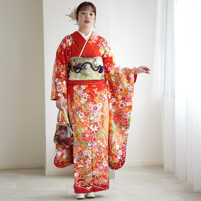 【レンタル】振袖 着物セット 正絹着物+正絹袋帯 成人式  晴れ着 記念撮影 往復送料無料 絵羽 オレンジに御所車と花（1000604000）