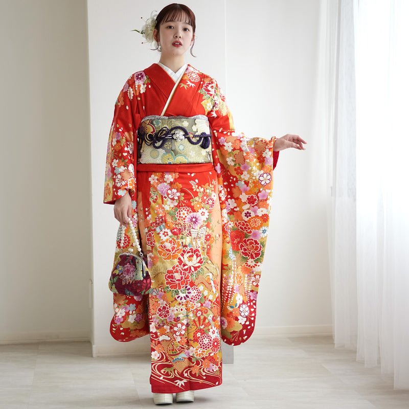 【レンタル】振袖 着物セット 正絹着物+正絹袋帯 成人式  晴れ着 記念撮影 往復送料無料 絵羽 オレンジに御所車と花（1000604000）