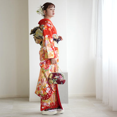 【レンタル】振袖 着物セット 正絹着物+正絹袋帯 成人式  晴れ着 記念撮影 往復送料無料 絵羽 オレンジに御所車と花（1000604000）