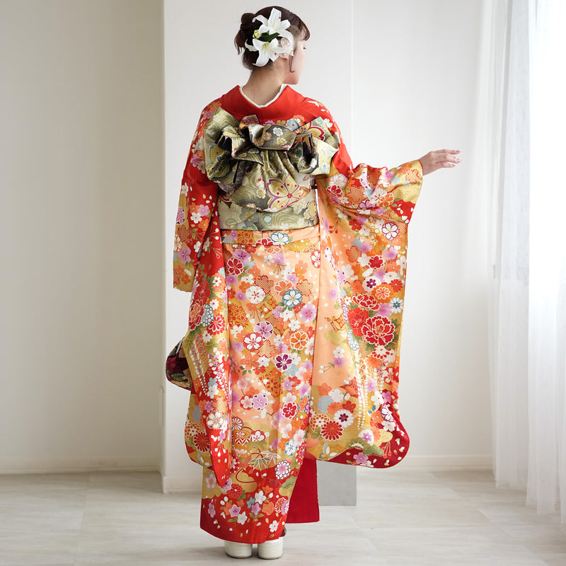 【レンタル】振袖 着物セット 正絹着物+正絹袋帯 成人式  晴れ着 記念撮影 往復送料無料 絵羽 オレンジに御所車と花（1000604000）
